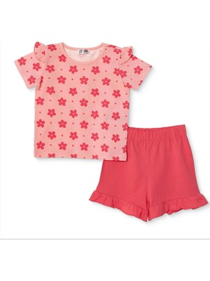 Hellobaby Kız Bebek Tişört-Şort Çiçek Baskılı Bağcıklı Bisiklet Yaka Short Sleeve Reçme