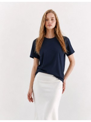 Organickid Basic Kadın Loose Lacivert T-Shirt