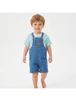 Hellobaby Erkek Bebek Şort Salopet-Tshirt Dinozor Baskılı Düğmeli Bisiklet Yaka Kısa Kol Duble