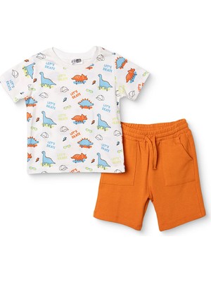 Hellobaby Erkek Bebek Tişört-Şort Dinozor Baskılı Bağcıklı Bisiklet Yaka Short Sleeve Reçme
