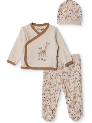 Hellobaby Erkek Bebek Zıbın-Şapka-Alt Hayvan Baskılı Çıtçıtlı V Yaka Long Sleeve Patikli