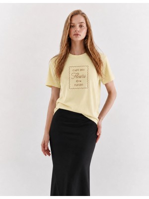 Organickid Basic Kadın Loose Nakışlı Bej T-Shirt