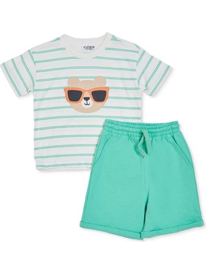 Hellobaby Erkek Bebek Tişört-Şort Ayı Baskılı Bağcıklı Bisiklet Yaka Short Sleeve Reçme