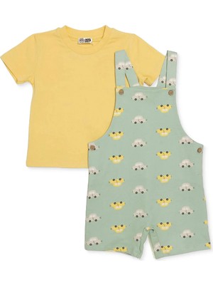 Hellobaby Erkek Bebek Şort Salopet-Tshirt Araba Baskılı Düğmeli Bisiklet Yaka Kısa Kol Reçme