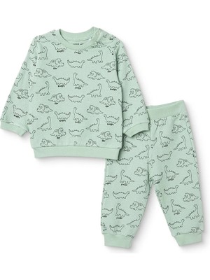 Hellobaby Erkek Bebek Sweatshirt-Alt Dinozor Baskılı Çıtçıtlı Bisiklet Yaka Uzun Kol Patiksiz
