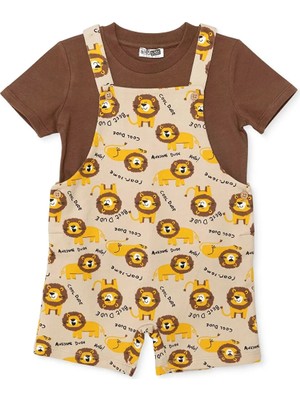 Hellobaby Erkek Bebek Şort Salopet-Tshirt Hayvan Baskılı Düğmeli Bisiklet Yaka Kısa Kol Reçme