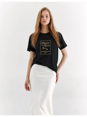Organickid Basic Kadın Loose Nakışlı Siyah T-Shirt