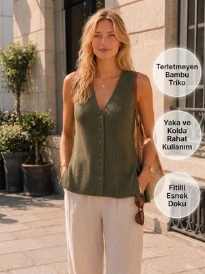 Urumday Kadın V Yaka Düğmeli Fitilli İnce Bambu Merserize Yelek
