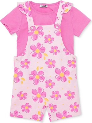 Hellobaby Kız Bebek Şort Salopet-Tshirt Çiçek Baskılı Düğmeli Bisiklet Yaka Short Sleeve Reçme