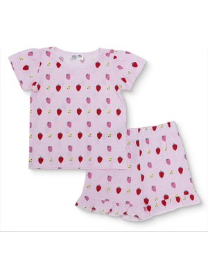 Hellobaby Kız Bebek Tişört-Şort Çilek Baskılı Bisiklet Yaka Short Sleeve Reçme