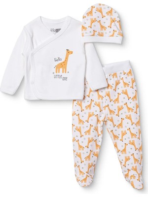 Hellobaby Erkek Bebek Zıbın-Şapka-Alt Hayvan Baskılı Çıtçıtlı V Yaka Long Sleeve Patikli
