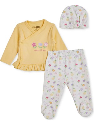 Hellobaby Kız Bebek Zıbın-Şapka-Alt Çiçek Baskılı Çıtçıtlı V Yaka Long Sleeve Patikli