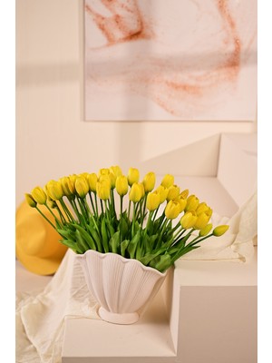 Sarı Yapay Tulipa Lale Çiçeği Buketi 5 Dallı Premium Canlı Islak Dokulu 43 cm