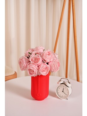 Pembe Yapay Lüx Gül Buketi 6 Dallı Premium Canlı  Islak Dokulu 30 cm