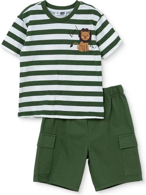 Hellobaby Erkek Bebek Tişört-Şort Aslan Baskılı Bağcıklı Bisiklet Yaka Short Sleeve Reçme