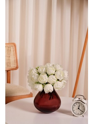 Beyaz  Premium Yapay Peony Şakayık Çiçeği  Buketi 7 Dallı Lüx Ipeksi Dokulu 25 cm
