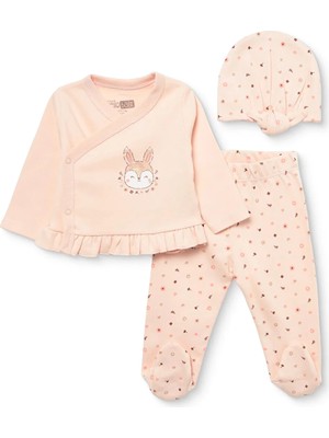 Hellobaby Kız Bebek Zıbın-Şapka-Alt Çiçek Baskılı Çıtçıtlı V Yaka Uzun Kol Patikli