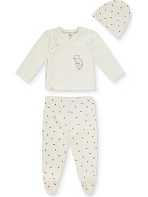 Mothercare Kız Bebek Zıbın-Şapka-Alt Kalp Baskılı Çıtçıtlı V Yaka Long Sleeve Patikli