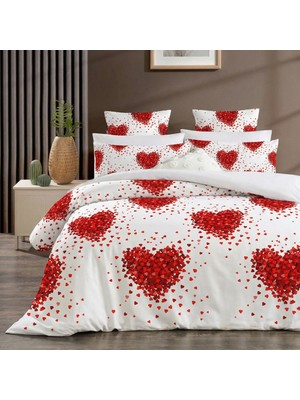 Lorien Valentines Kalp Desenli Çift Kişilik, Lastikli Çarşaflı, Çift Taraf Kullanımlı Nevresim Takımı