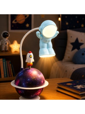 CoverZone Astronot Temalı 2'si 1 Arada Masa Lambası ve Gece Lambası USB Şarjlı 400MAH Bataryalı Renkli Gezegen Gece Işığı 5V 3W LED Aydınlatma Uzay Temalı Dekoratif Lamba | YC-7902
