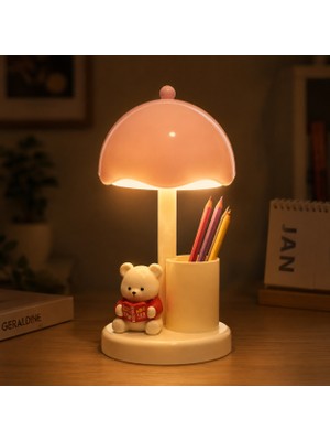 CoverZone Ayıcıklı Mini Cartoon LED Masa Lambası USB Şarjlı 3 Kademeli Dimmer Işık Kalemlik ve Telefon Standı Özellikli Pp Abs Gövdeli Şarjlı Masa Lambası | QS014A