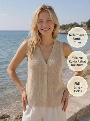 Urumday Kadın V Yaka Düğmeli Fitilli İnce Bambu Merserize Yelek
