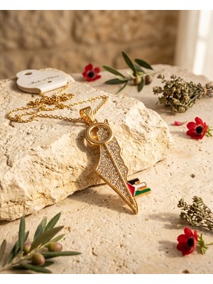 Zaytoon Filistin Haritası Geri Dönüş Anahtar ile Paslanmaz Gold Kaplamalı Zinciri Unisex Kolye J300034