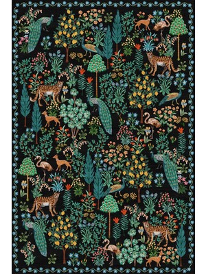 Kilim Home Botanik Desenli Siyah Zemin Vintage Görünümlü Salon ve Oturma Odası Halısı MARS542