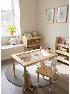 Lili Kids Lilikids Shop Ahşap Montessori Aktivite Masası ve Tavşanlı Sandalye Seti Ergonomik Tasarım 5 Parça