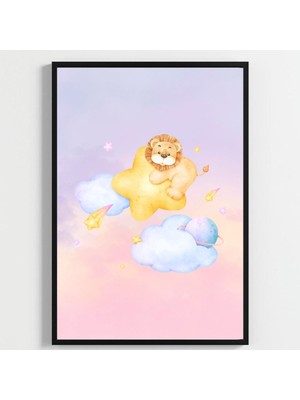 Besay Küçük Kralın Rüyası | Yavru Aslanlı Suluboya Gezegen ve Bulut Temalı Bebek Odası Posteri | 3'lü Çocuk Odası Poster Seti A