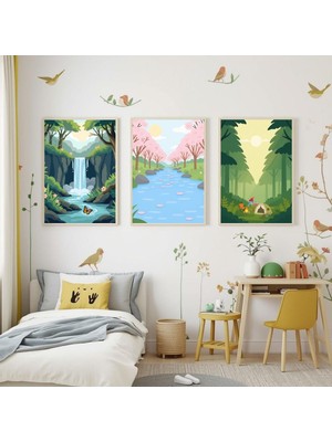 Besay Doğa Kaşifi | Çocuk Odası Manzara Tablosu | Kamp ve Şelale Temalı Bebek Odası Posteri | 3'lü Set A4 Çerçevesiz
