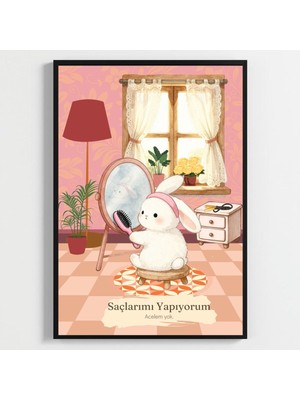 Besay Bantlı Tavşan | Eğlenceli Banyo ve Makyaj Odası Duvar Dekorasyonu | Aynada Saç Tarayan Komik Hayvan Poster Tablo | A4 Tek