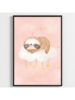 Besay Sevimli Tembel Hayvan | Bebek Odası Duvar Dekorasyonu | Pembe Bulutlu ve Balonlu Çocuk Odası Posteri | 3'lü Set A4 Çerçev
