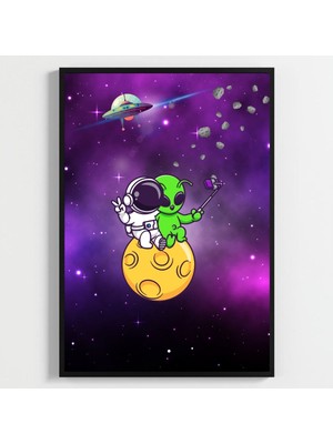 Besay Kozmik Dostluk | Modern Çocuk Odası Duvar Dekorasyonu | Ufo ve Gezegen Illüstrasyonlu Komik Tablo Seti | 3'lü Set A2 Çerç