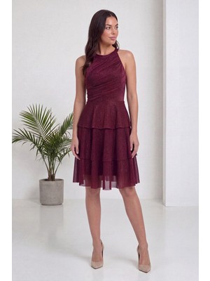 ZKS Grup Tekstil Kadın Halter Yaka Simli Kat Kat Etekli Şık Gece Elbisesi Siyah, Pudra, Bordo, Indigo, Lacivert, Fuşya
