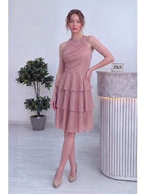 The ZKS Kadın Halter Yaka Kat Kat Etekli Simli Şık Mini Elbise Siyah, Pudra, Bordo, Indigo, Lacivert, Fuşya