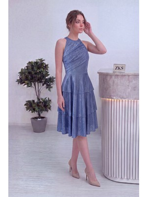 The ZKS Kadın Halter Yaka Kat Kat Etekli Simli Şık Mini Elbise Siyah, Pudra, Bordo, Indigo, Lacivert, Fuşya