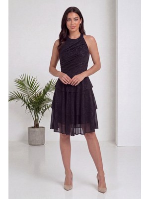 ZKS Grup Tekstil Kadın Halter Yaka Simli Kat Kat Etekli Şık Gece Elbisesi Siyah, Pudra, Bordo, Indigo, Lacivert, Fuşya