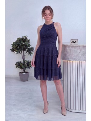 The ZKS Kadın Halter Yaka Kat Kat Etekli Simli Şık Mini Elbise Siyah, Pudra, Bordo, Indigo, Lacivert, Fuşya
