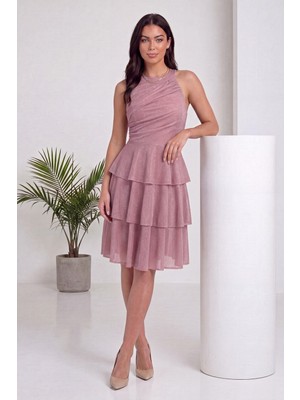 ZKS Grup Tekstil Kadın Halter Yaka Simli Kat Kat Etekli Şık Gece Elbisesi Siyah, Pudra, Bordo, Indigo, Lacivert, Fuşya