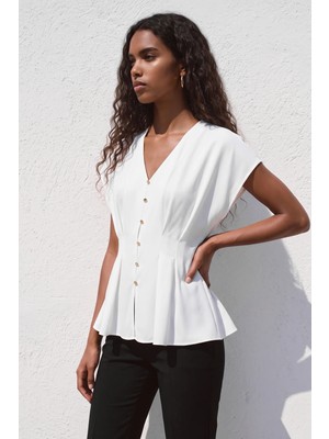 Sateen Bele Oturan Kısa Kollu Bluz - Ekru