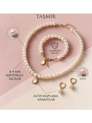Taşmir Sertifikalı Doğal Beyaz Inci Kolye Bileklik Küpe Set - Altın Kaplama Aparat - Sedef Charm