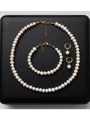 Taşmir Sertifikalı 6 mm Doğal Inci Kolye Bileklik Küpe Set - Pirinç 14 K Altın Kaplama Aparatlar