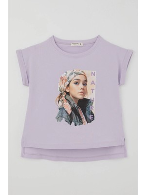 Breeze Kız Çocuk Kısa Kollu Tişört Doğa Temalı Kız Figürlü 10-16 Yaş , Lila