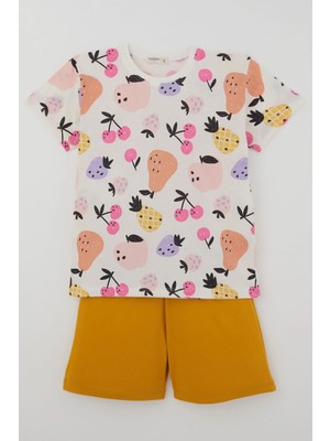 Breeze Kız Çocuk Şortlu Pijama Takımı Neşeli Meyveler 4-8 Yaş, Ekru