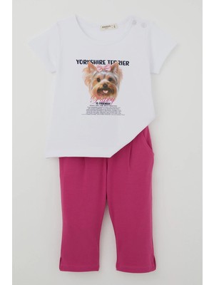 Breeze Kız Çocuk Kapri Taytlı Takım Sevimli Köpekçik Baskılı Fiyonklu 1.5-5 Yaş , Beyaz