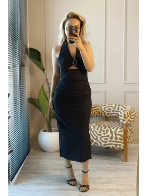 BeeYouStudio Gold Toka Detaylı Boyundan Bağlamalı Denim Elbise M