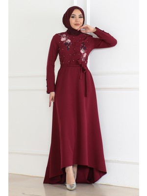 Missvalle Nakış Detaylı Elbise Bordo 6119
