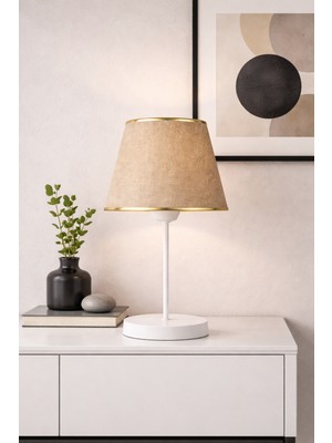 Eslight Modern Dekoratif Beyaz Ayak Koyu Bej Kumaş Şapkalı Masa Lambası Gold Detaylı Abajur FB08