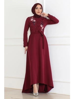 Missvalle Nakış Detaylı Elbise Bordo 6119